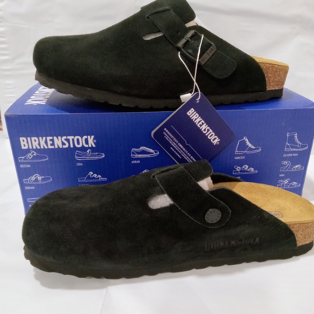 Birkenstock Boston Black Suede Slip-On Clog with Buckle Size 39 Narrow Fit NWT